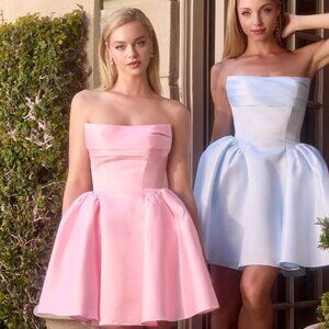 New Strapless Mini A-Line Satin Gown w/ Pleated Bodice & Straight Neck CD KV1133